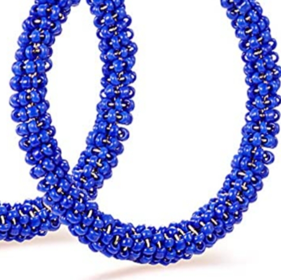 New Large Blue Beaded Hoops Colorful Beads Hoop Earrings Fun Summer Statement - Picture 4 of 5